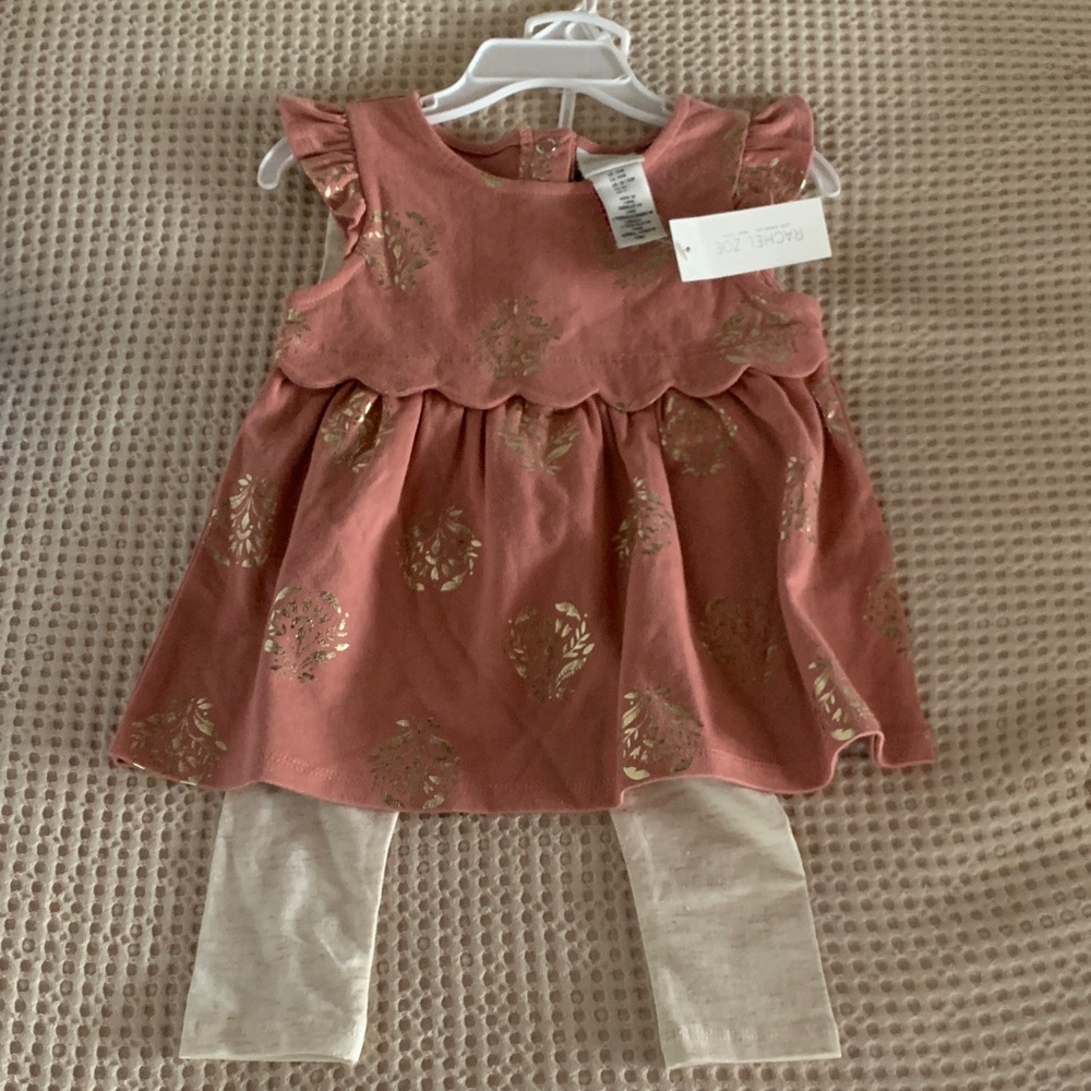 Rachel Zoe - baby girl Rose Mauve Dress with Gold Leaf Print and Cream Leggings
